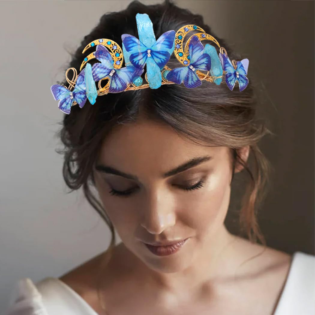 BARTOSI Butterfly Crown Headband Raw Crystal Quartz Crown Fairy Tiara Crown Moon Headpiece Bridal Costume Headpiece Wedding Hair Accessories for Women and Girls