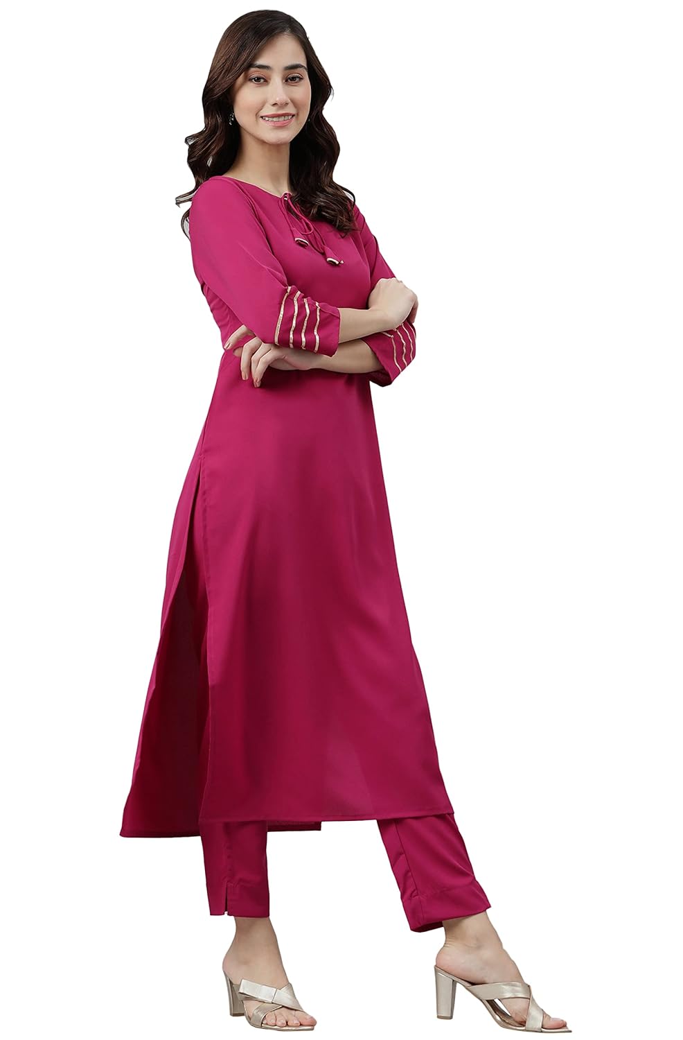 Janasya Women's Magenta Poly Crepe Kurta with Pant