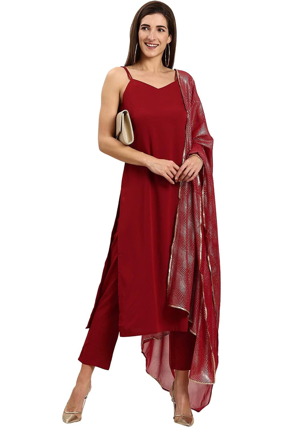 Janasya Women's Maroon Poly Crepe Kurta With Pant And Dupatta