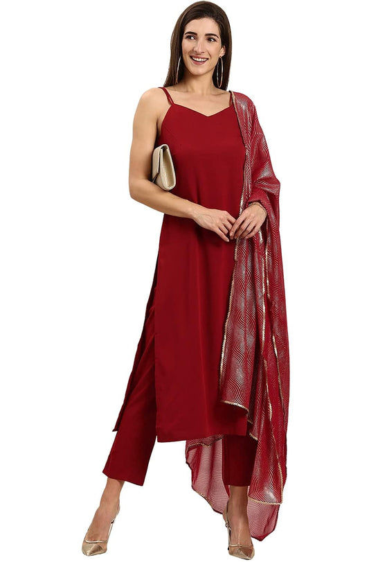 Janasya Women's Maroon Poly Crepe Kurta With Pant And Dupatta