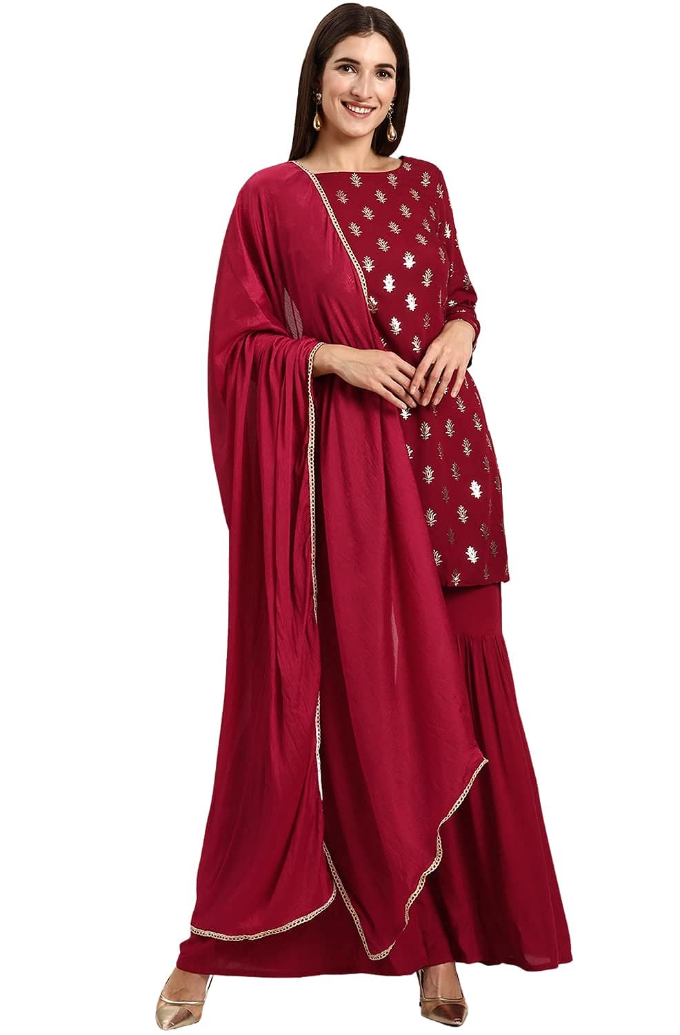 Janasya Women's Maroon Rayon Kurti With Sharara And Dupatta