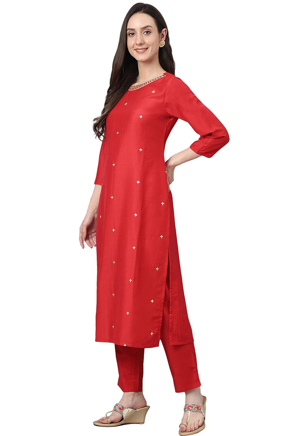 Janasya Women's Red Chinon Solid Kurta with Pant and Dupatta