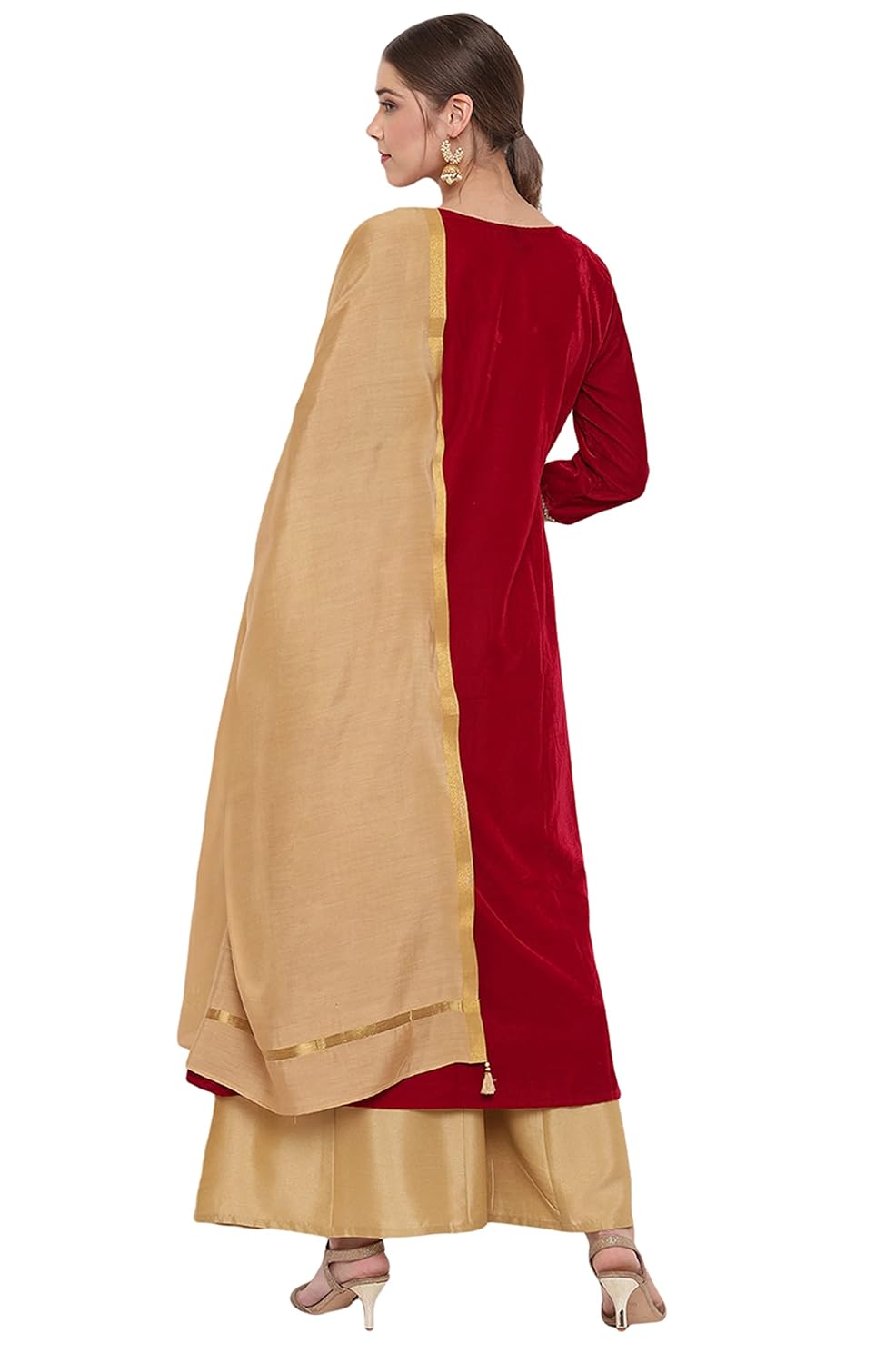 Janasya Women's Maroon Velvet Kurta With Palazzo and Dupatta