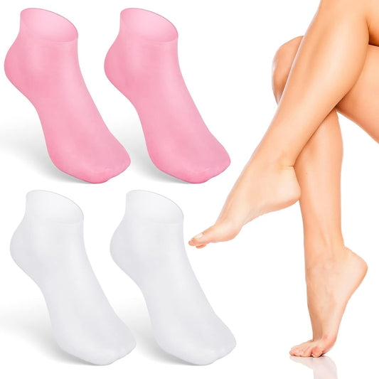 Noverlife 2 Pairs Silicone Moisturizing Socks Softening Dry Cracked Feet Rough Skins & Anti Slip Aloe Socks for Dry Cracked Feet Women, Calluses, Spa Gel Socks Foot Care After Pedicure - Pink & White