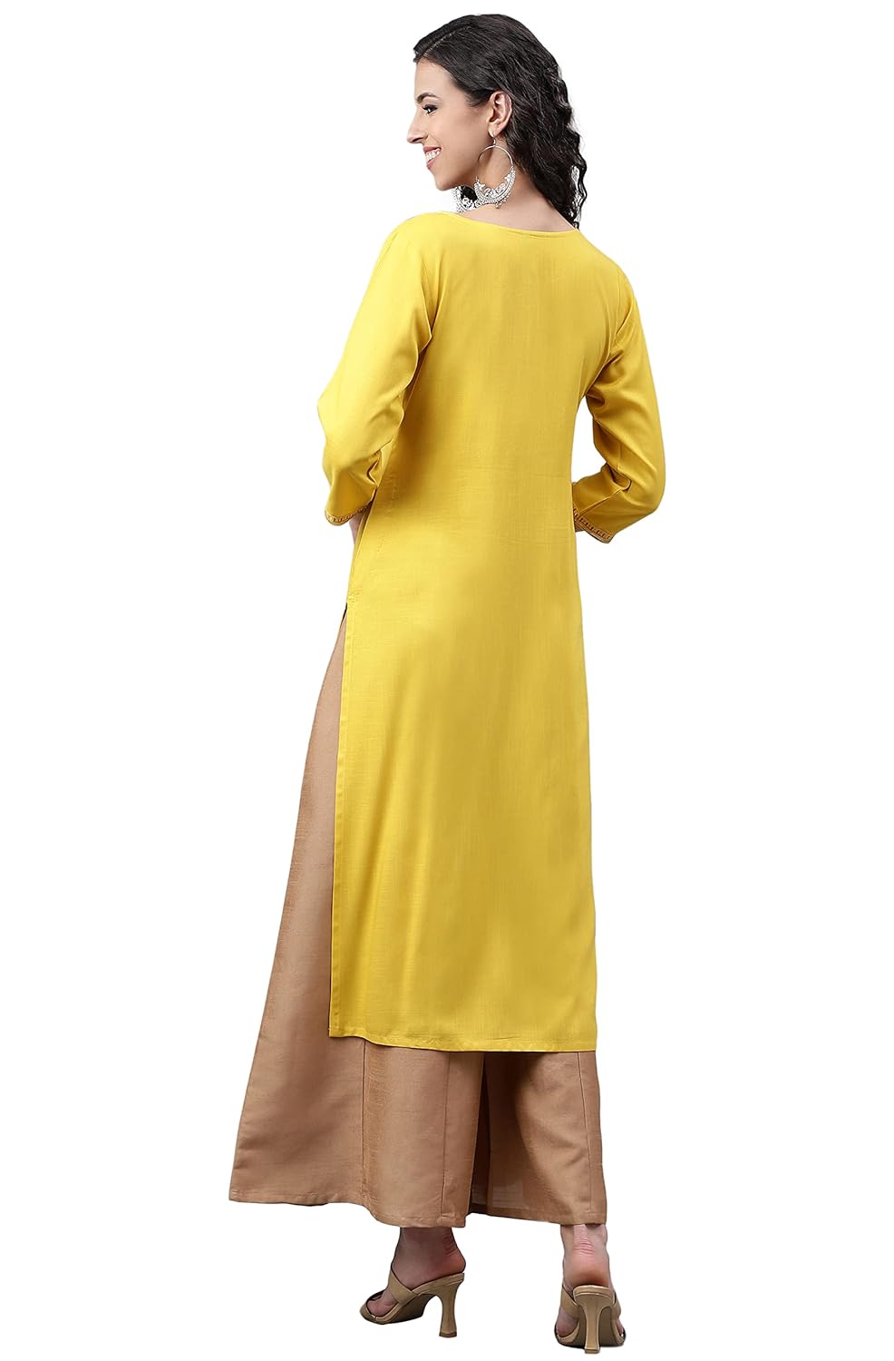 Janasya Women's Mustard Poly Rayon Solid Straight Kurta