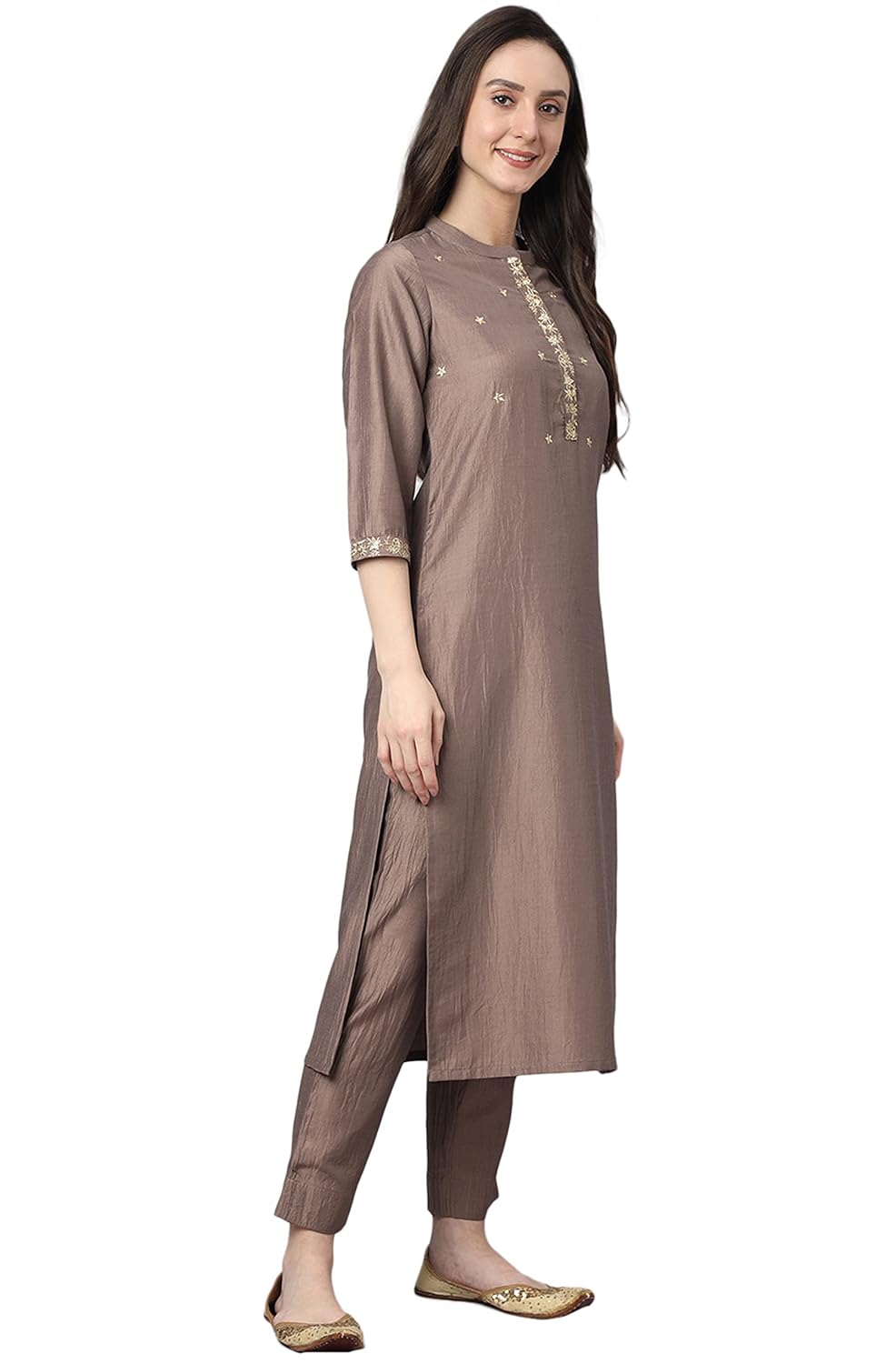 Janasya Women's Brown Chinon Solid Kurta with Pant and Dupatta
