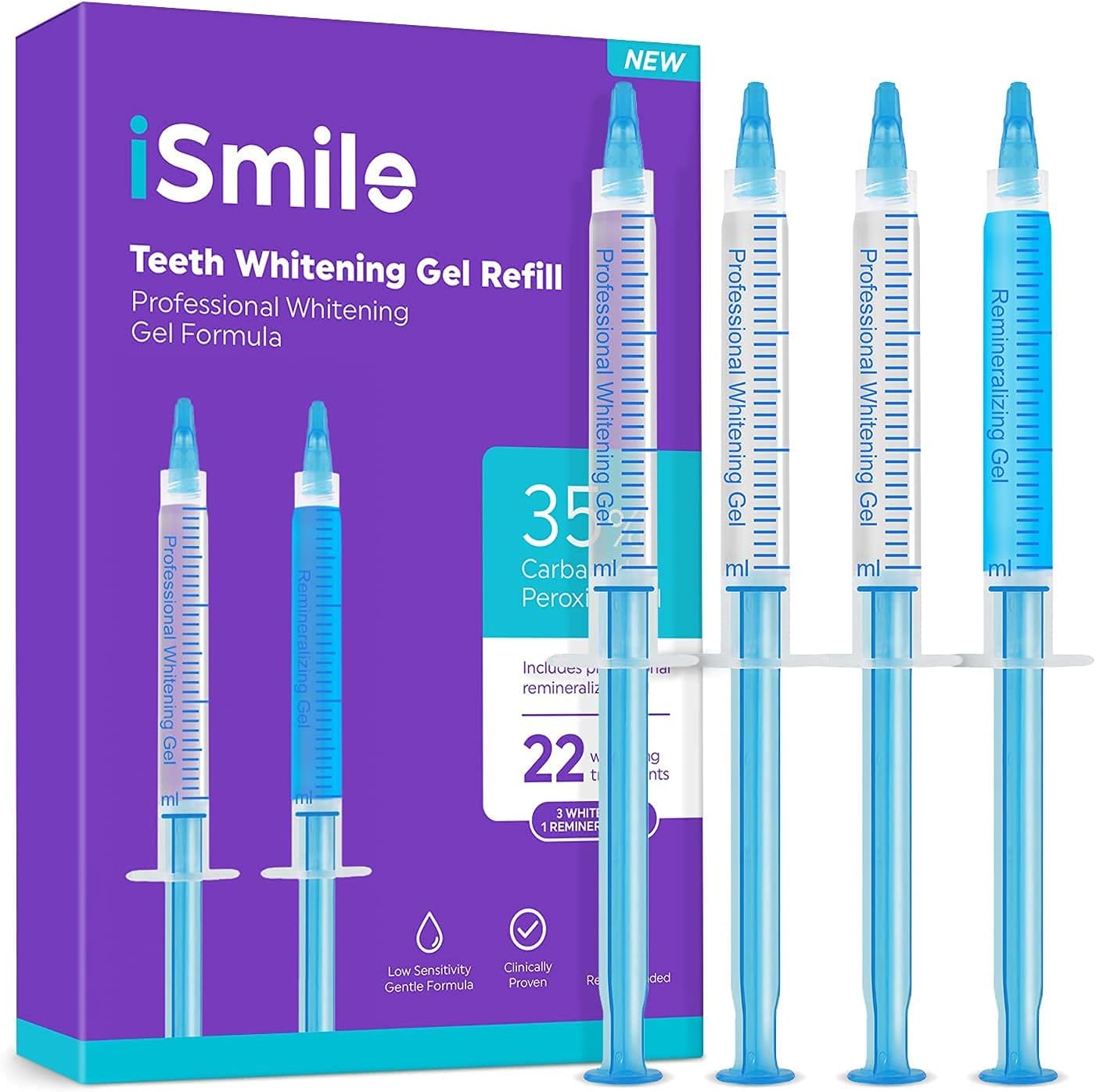 iSmile Teeth Whitening Gel Syringe Refill Pack - (3) 3ml Whitening Gel Syringes, (1) Remineralization Gel Syringe, No Sensitivity, Premium Quality, Use with LED Light and Trays