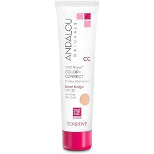 Andalou Naturals 1000 Roses CC Color + Correct with SPF 30, Sheer Beige, 2-in-1 Face Sunscreen + CC Cream for Sensitive Skin, Helps Correct Uneven Skin Tone, Reef Safe Sunscreen, 2 Fl Oz