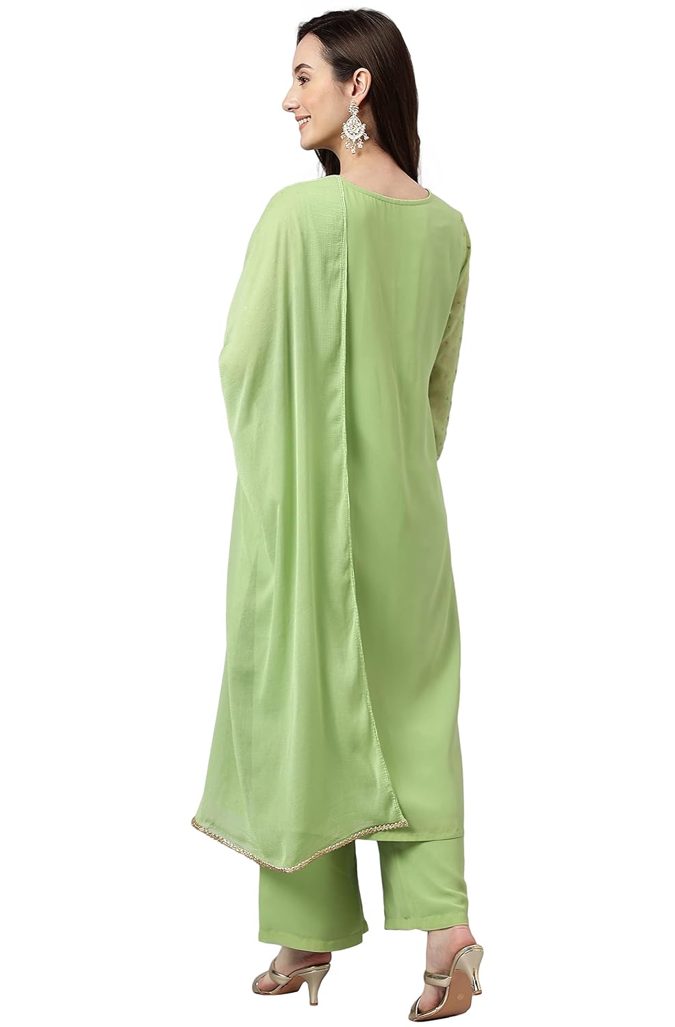 Janasya Women's Green Georgette Foil Print Kurta with Palazzo and Dupatta