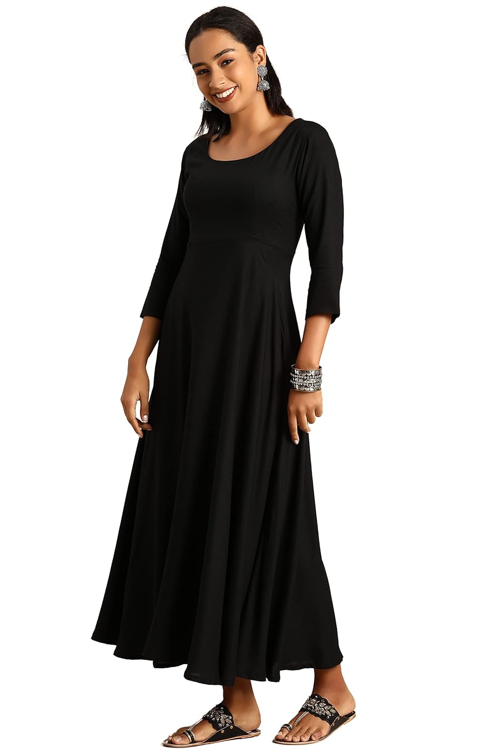 Janasya Women's Black Rayon Kurta with Dupatta