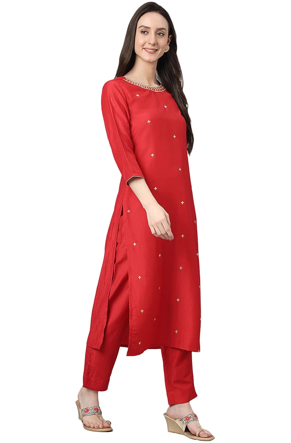 Janasya Women's Red Chinon Solid Kurta with Pant and Dupatta