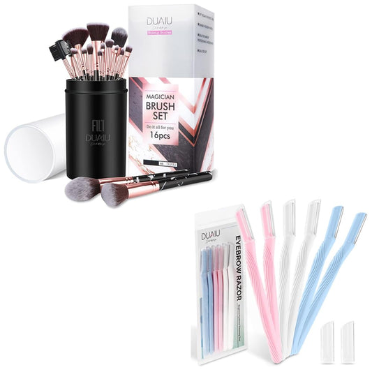 DUAIU 6Pcs Eyebrow Razor with 16PCS Professional Makeup Brushes Set