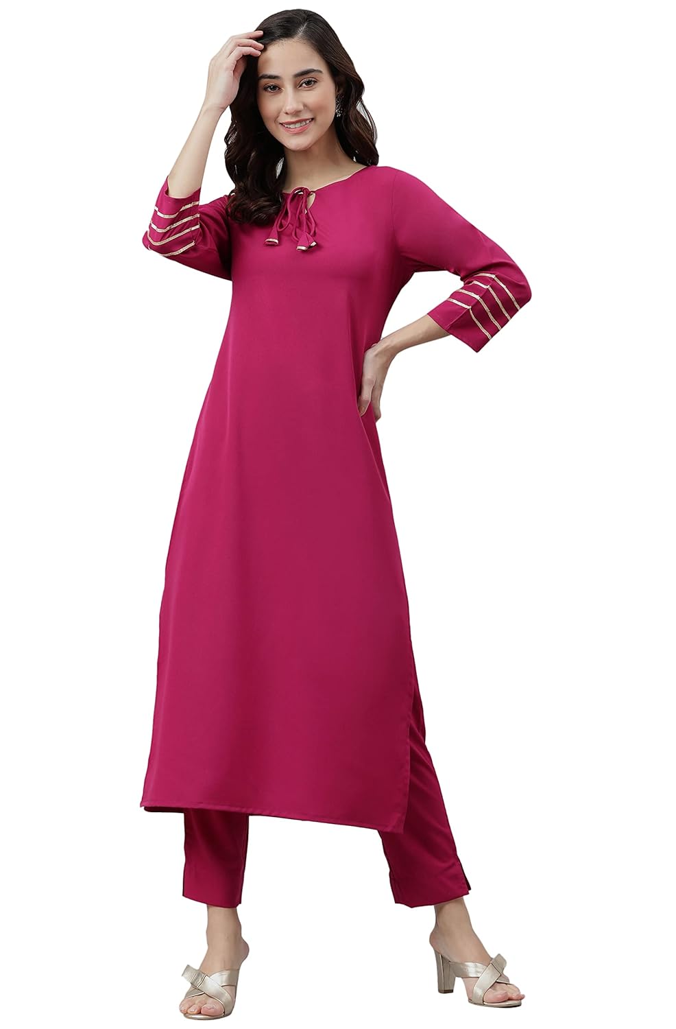 Janasya Women's Magenta Poly Crepe Kurta with Pant
