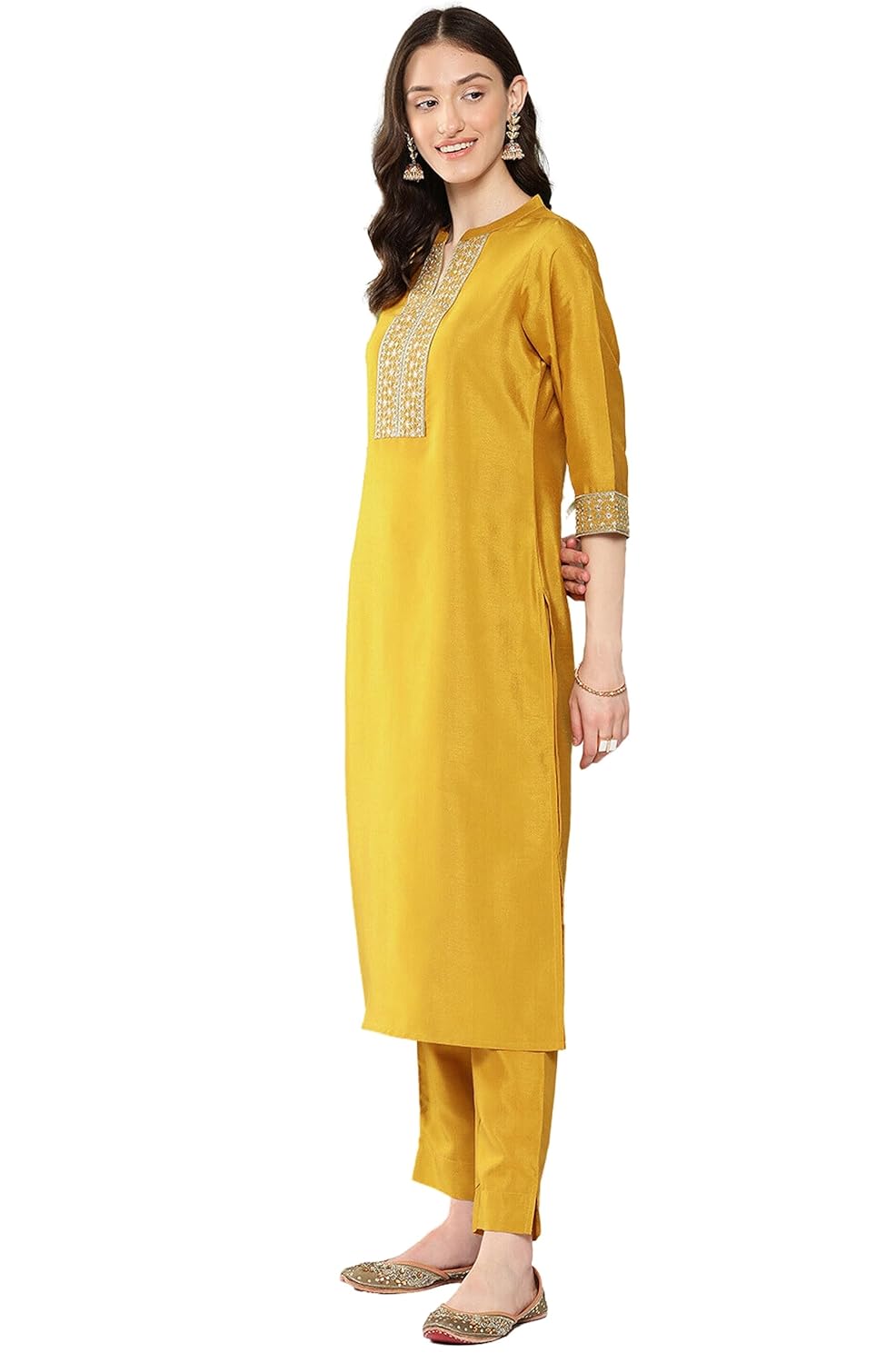 Janasya Women's Mustard Crepe Silk Embroidered Kurta with Pant and Dupatta