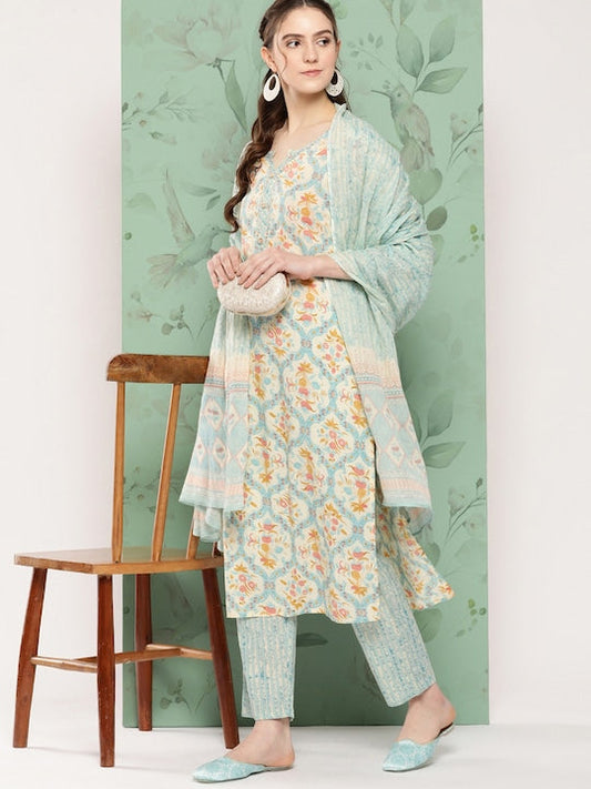 Yufta Floral Printed Sequinned Pure Cotton Kurta with Trousers & With Dupatta