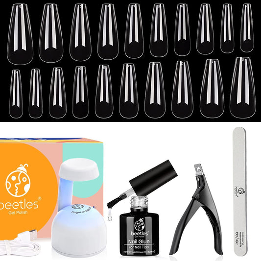 Beetles Gel Nail Kit Easy Nail Extension Set 5 In 1 Nail Glue Gel Base Coat with Pre shaped Long Coffin Soft Gel Nail Tips and Led Nail Lamp Acrylic Nail Clipper for Nail Art Diy Home Manicure