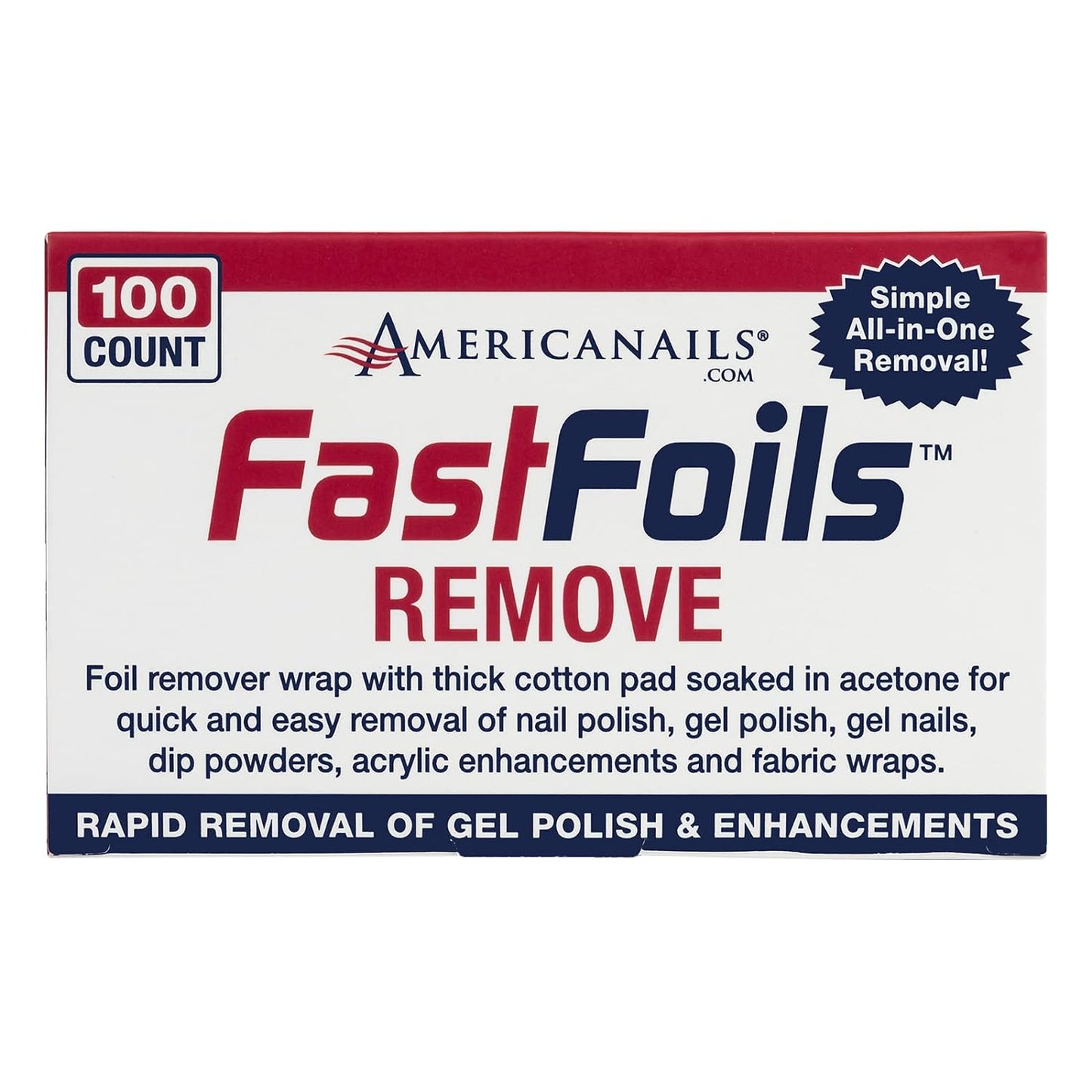 Americanails FastFoils 100 ct, One Step Gel Polish Foil Remover Wraps, All-In-One Foil Remover With Thick Cotton Pad & Pure Acetone, Remove Nail Polish, Gel Polish, Gel Nails, Acrylic Nails, Dip Nails