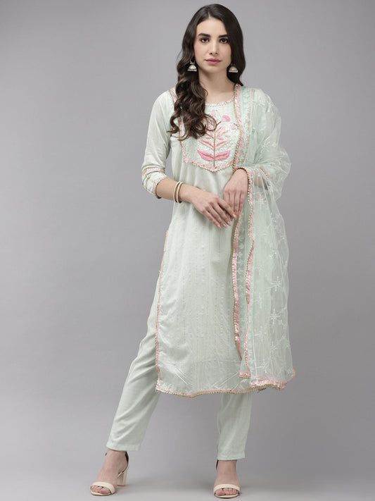 ISHIN womens Chanderi Silk Green Embroidered A-line Kurta Trouser Dupatta (Set of 3)