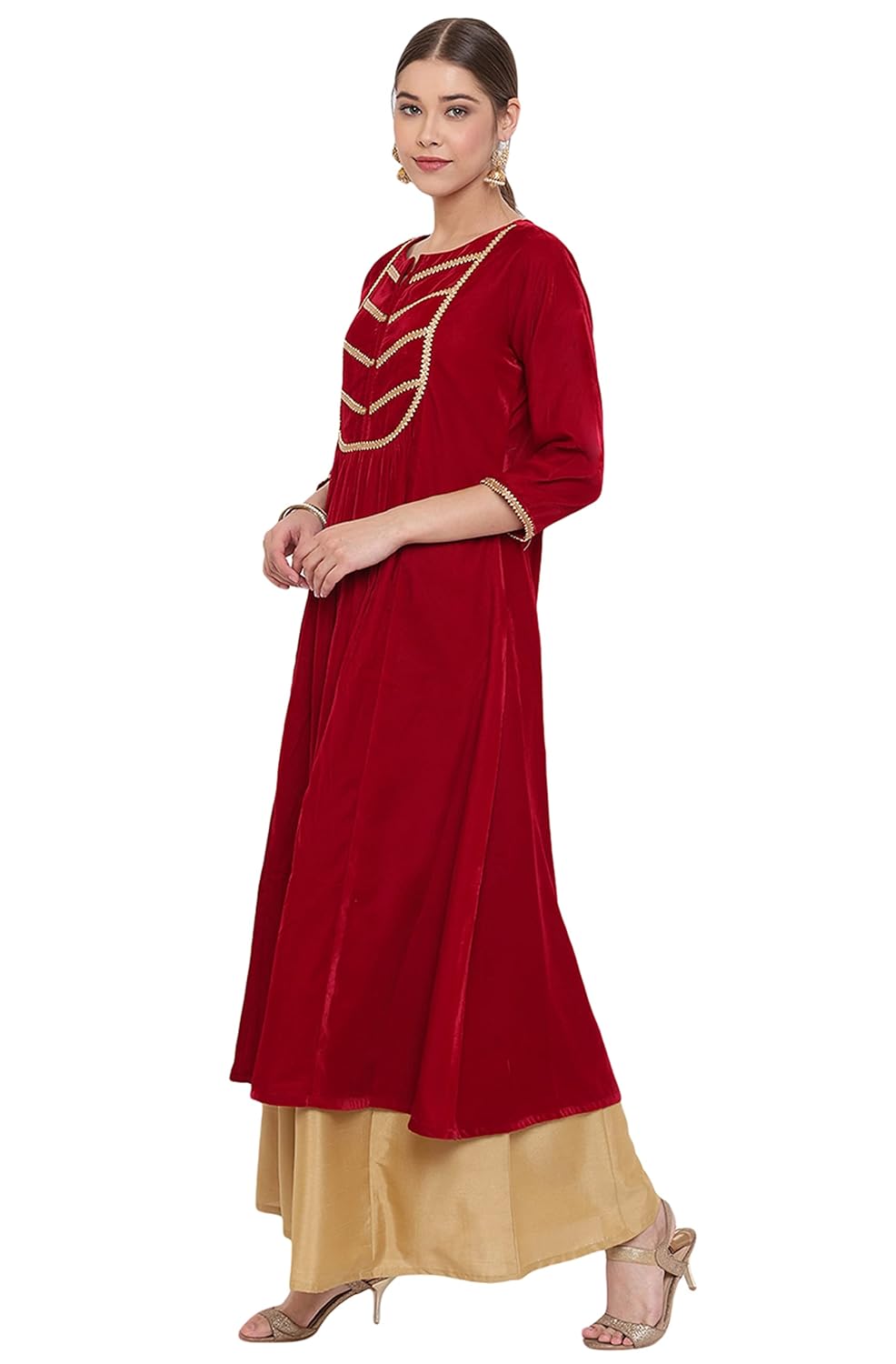 Janasya Women's Maroon Velvet Kurta With Palazzo and Dupatta