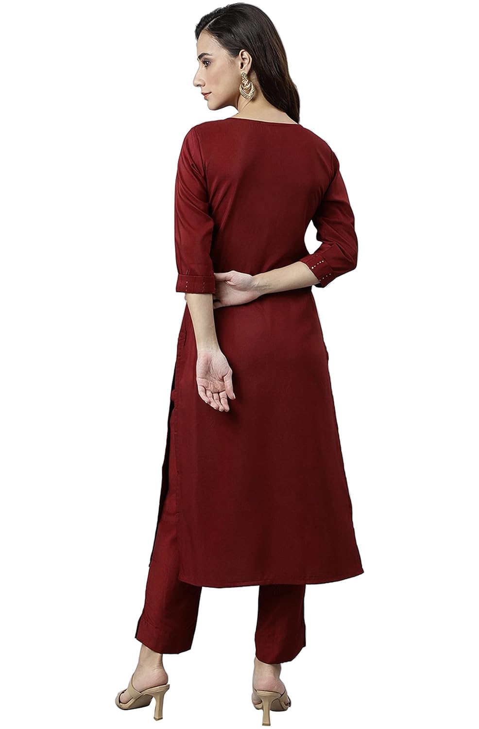 Janasya Women's Maroon Poly Silk Sequined Kurta with Pant