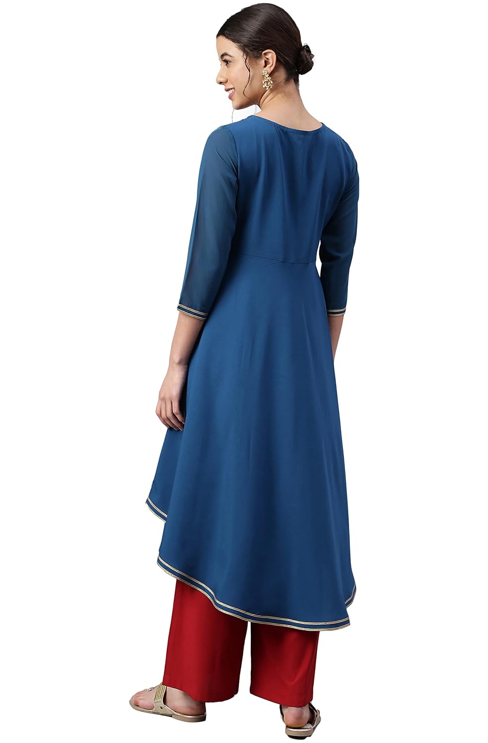 Janasya Women's Teal Poly Crepe Digital Print Flared Kurta