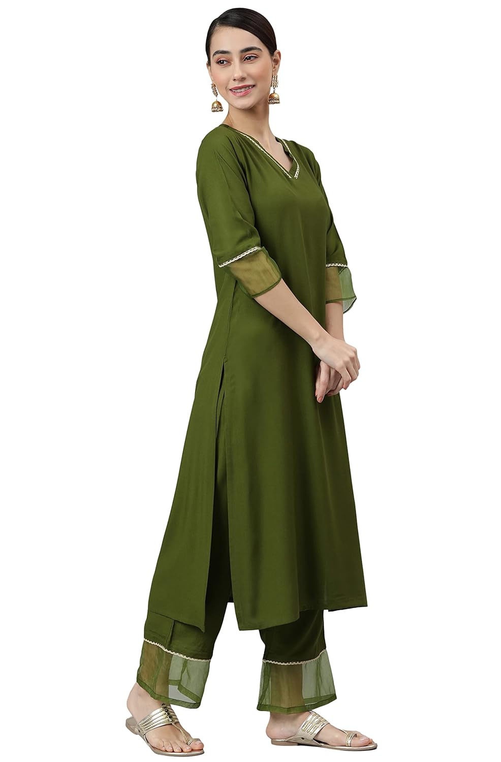 Janasya Women's Olive Green Rayon Solid Kurta with Palazzo and Dupatta