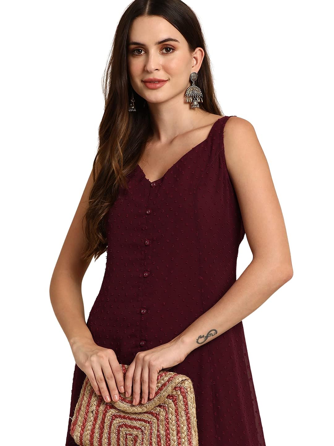 Janasya Women's Wine Poly Chiffon Kurta