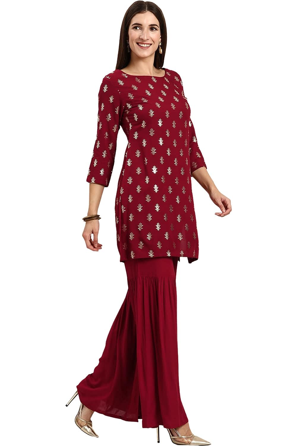 Janasya Women's Maroon Rayon Kurti With Sharara And Dupatta