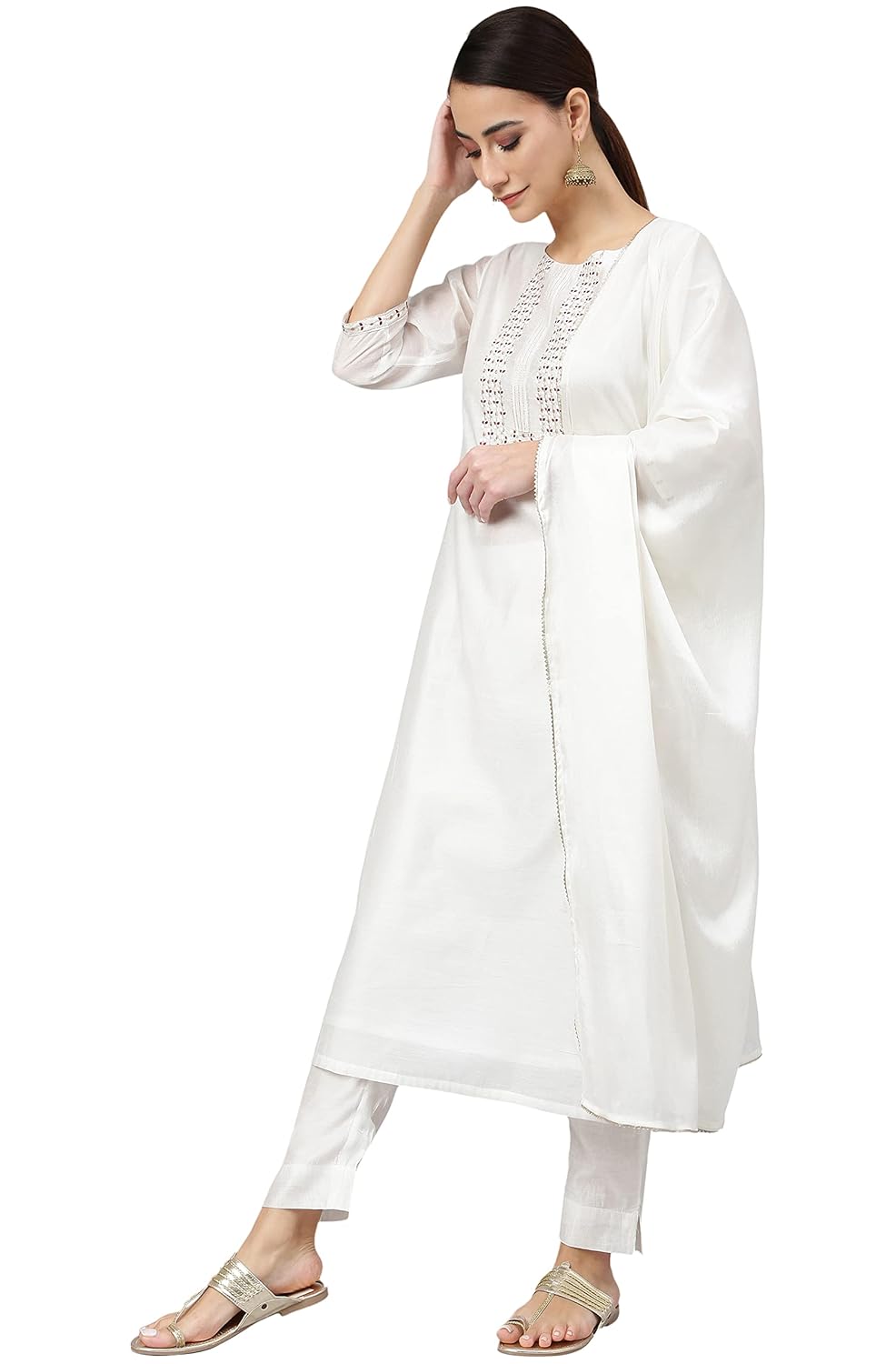 Janasya Women's White Poly Silk Solid Kurta with Pant and Dupatta