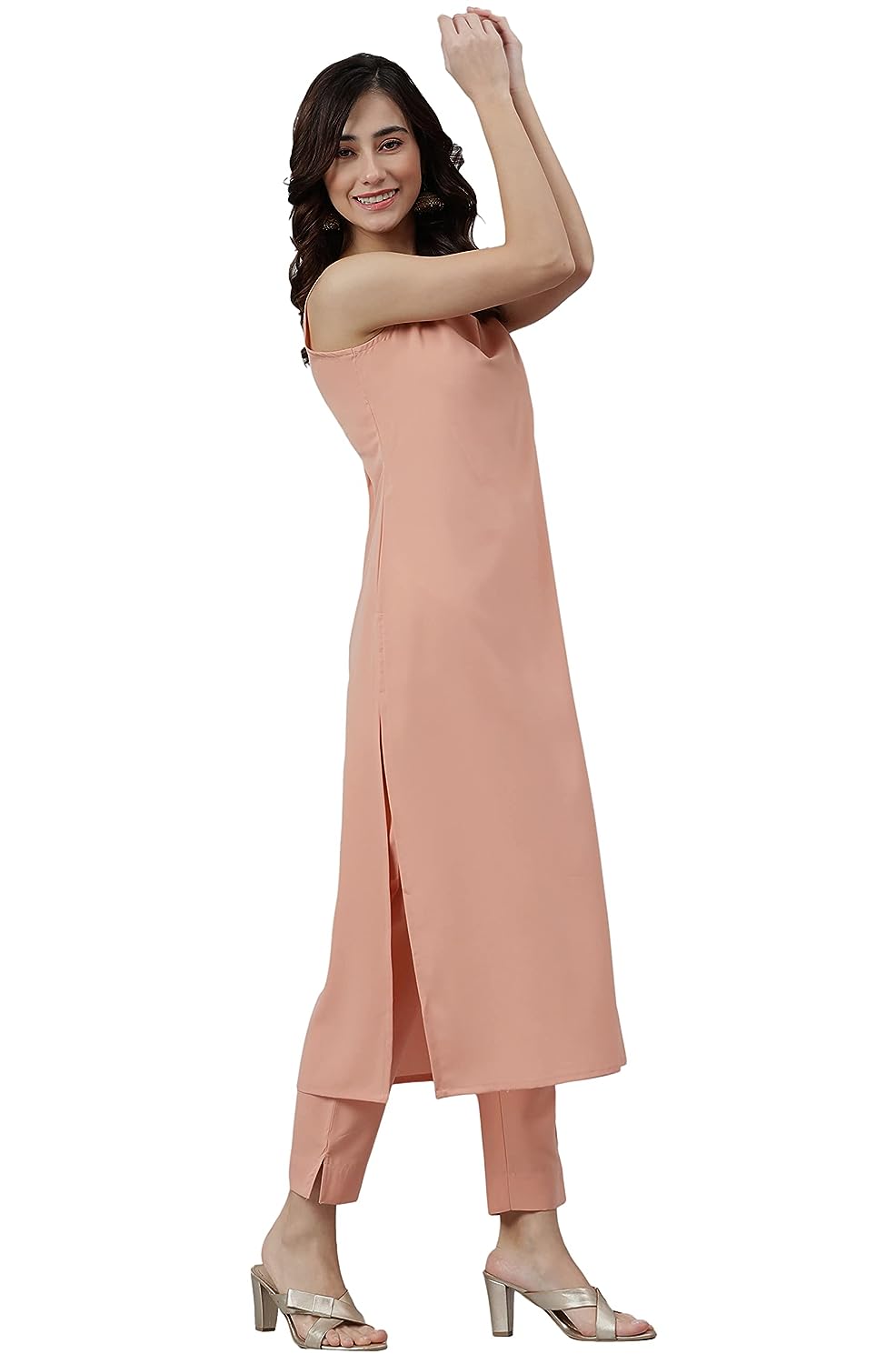 Janasya Women's Peach Poly Crepe Solid Kurta with Pant and Dupatta