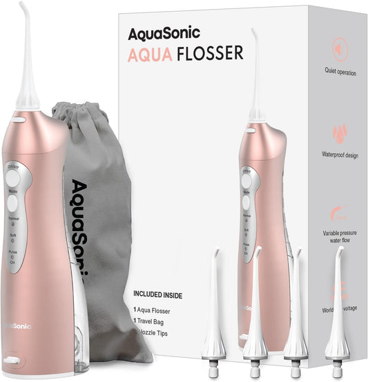 Aquasonic Aqua Flosser - Professional Rechargeable Water Flosser with 4 Tips - Oral Irrigator w/ 3 Modes - Portable & Cordless Flosser - Kids and Braces - Dentist Recommended (Rose Gold)