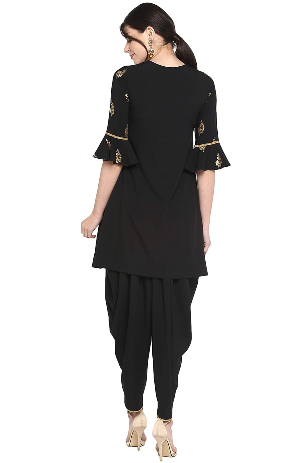 Janasya Women's Black Poly Crepe A-Line Kurti with Dhoti Pant