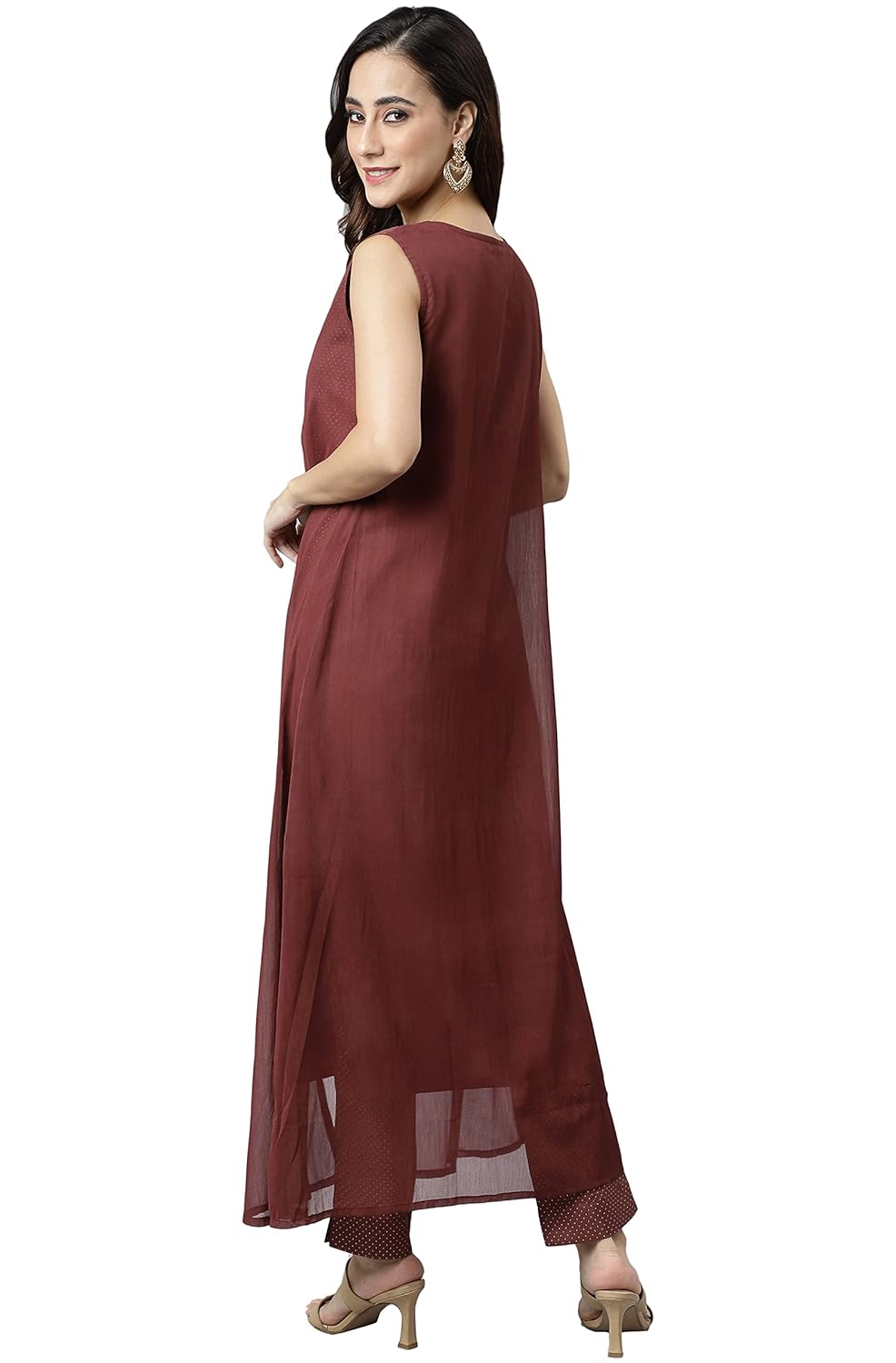 Janasya Women's Brown Poly Silk Foil Print Kurta with Pant