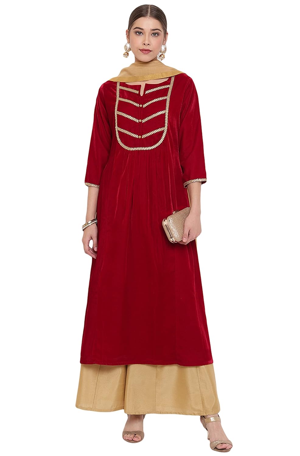 Janasya Women's Maroon Velvet Kurta With Palazzo and Dupatta