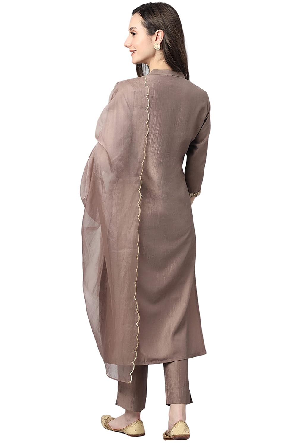 Janasya Women's Brown Chinon Solid Kurta with Pant and Dupatta