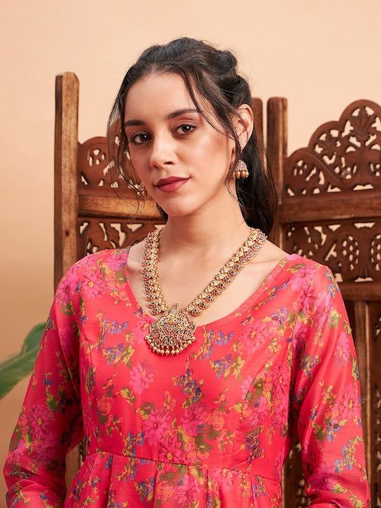 Shae by Sassafras Pink & Yellow Floral Printed Chanderi Silk Anarkali Kurta