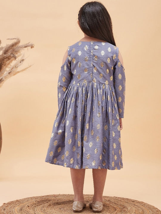Vastramay Girls Foil Printed Cold-Shoulder Fit and Flare Ethnic Dress