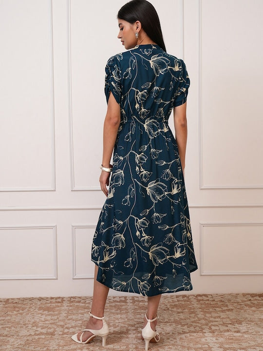 Vishudh Floral Print Mandarin Collar A-Line Midi Dress