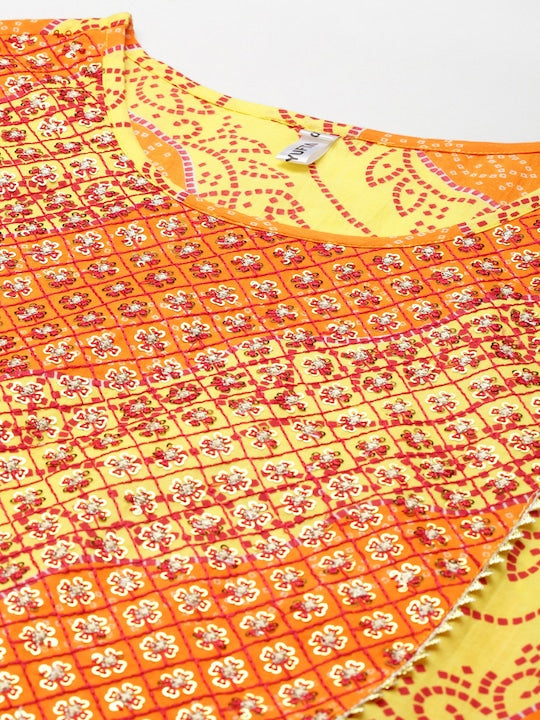 Yufta Women Yellow & Orange Bandhani Gotta Patti Pure Cotton Kurta with Trousers