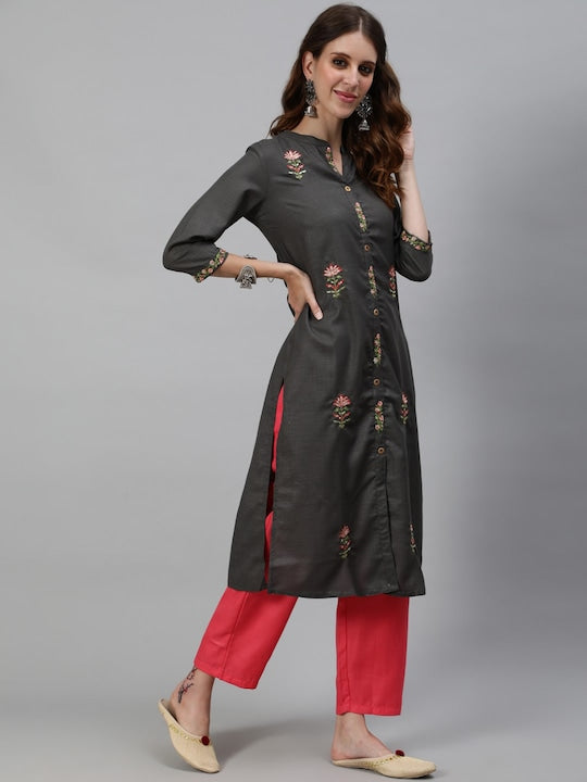 AKS Floral Embroidered Mandarin Collar Thread Work Detailed Straight Kurta with Trousers