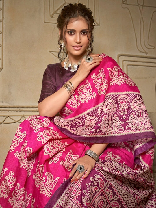 Saree mall Pink & Cream-Coloured Ethnic Motifs Ikat Saree