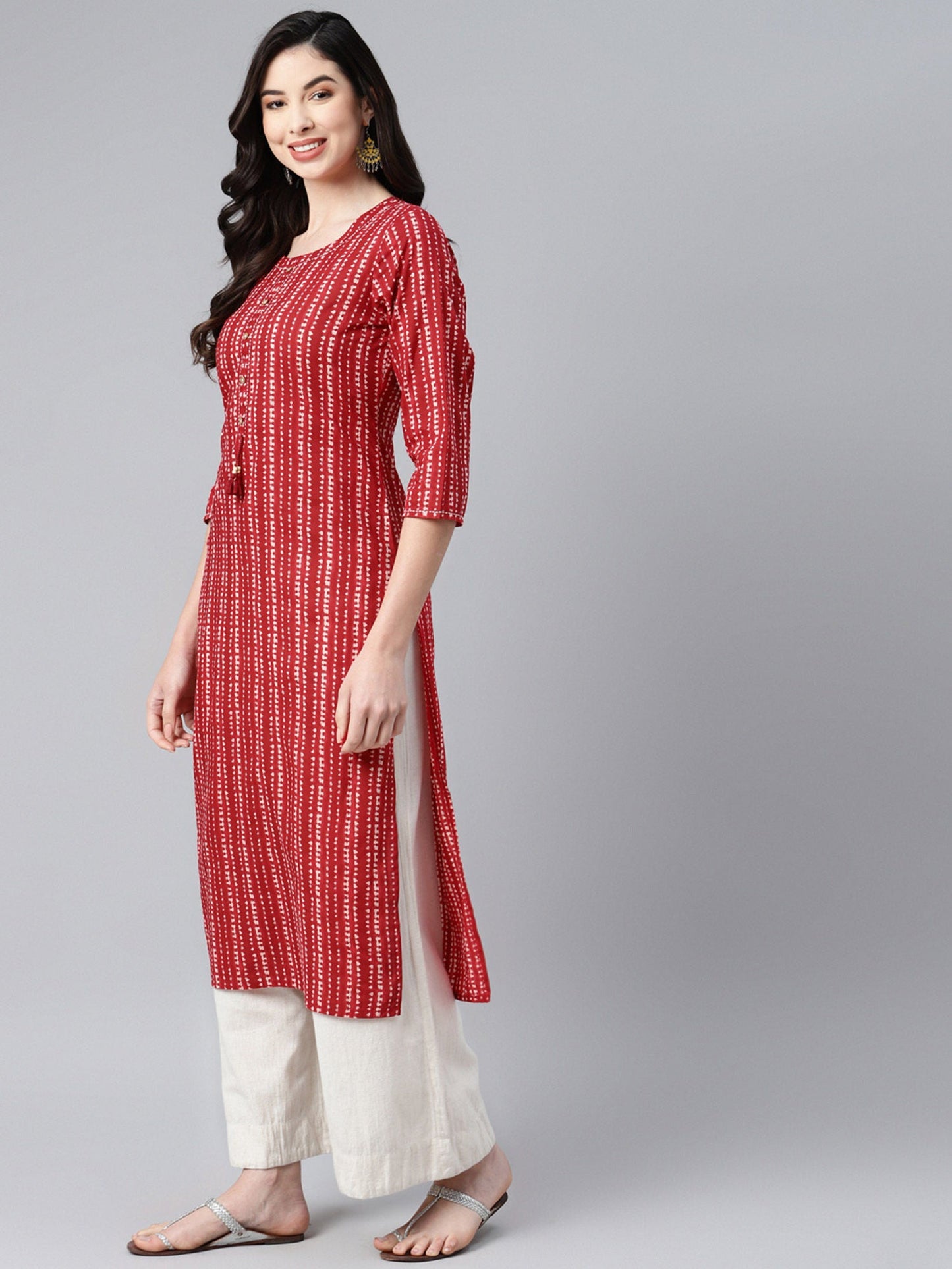 PIROH Womens Cotton Stripe Print Straight Kurta Red