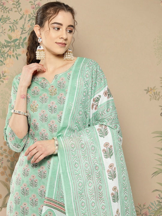 Yufta Women Sea Green Floral Printed Regular Pure Cotton Kurta with Harem Pants & With Dupatta