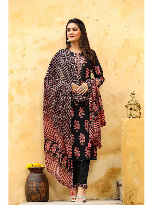 PIROH Womens Floral With Embroidery Straight Kurta Trouser With Voile Dupatta (set Of 3)