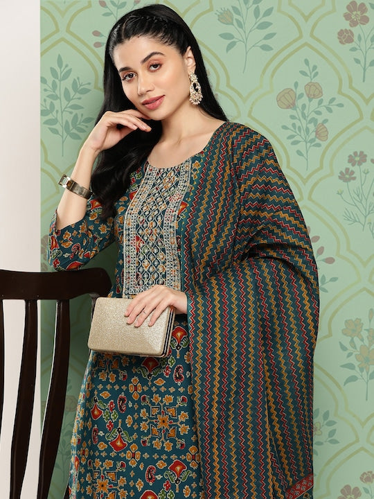 Yufta Floral Embroidered Regular Sequinned Pure Cotton Kurta with Trousers & With Dupatta