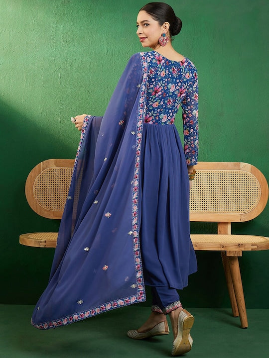 Sangria Blue Yoke Design Printed Georgette A-Line Empire Kurta With Trousers & Dupatta