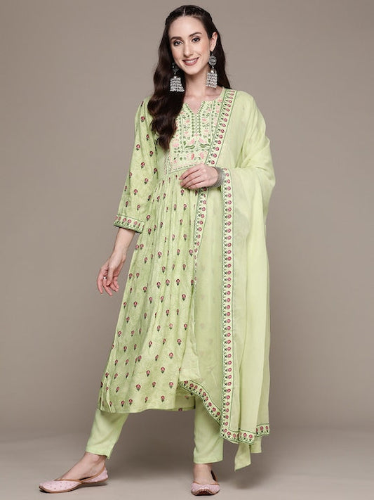Anubhutee Women Green Floral Embroidered Kurta with Trousers & With Dupatta