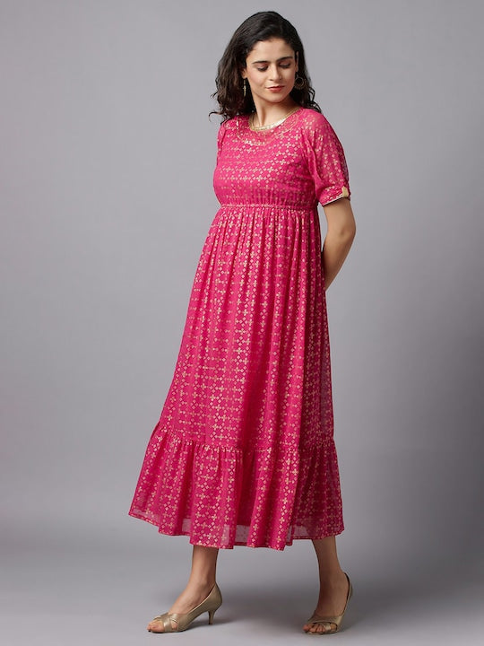 Aurelia Fuchsia & Gold-Toned Ethnic Motifs Ethnic Midi Dress