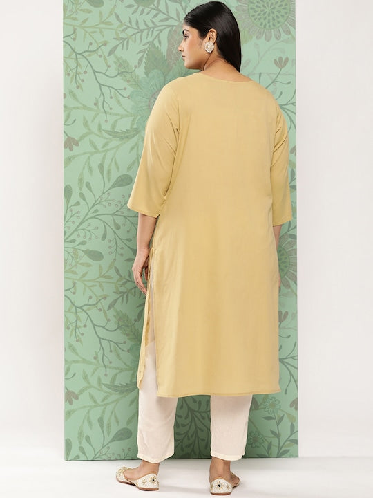 Yufta Plus Size Floral Embroidered Chikankari Pure Cotton Kurta