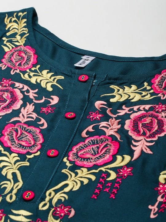 Yufta Women Teal Yoke Design Thread Work Kurta with Trousers & With Dupatta